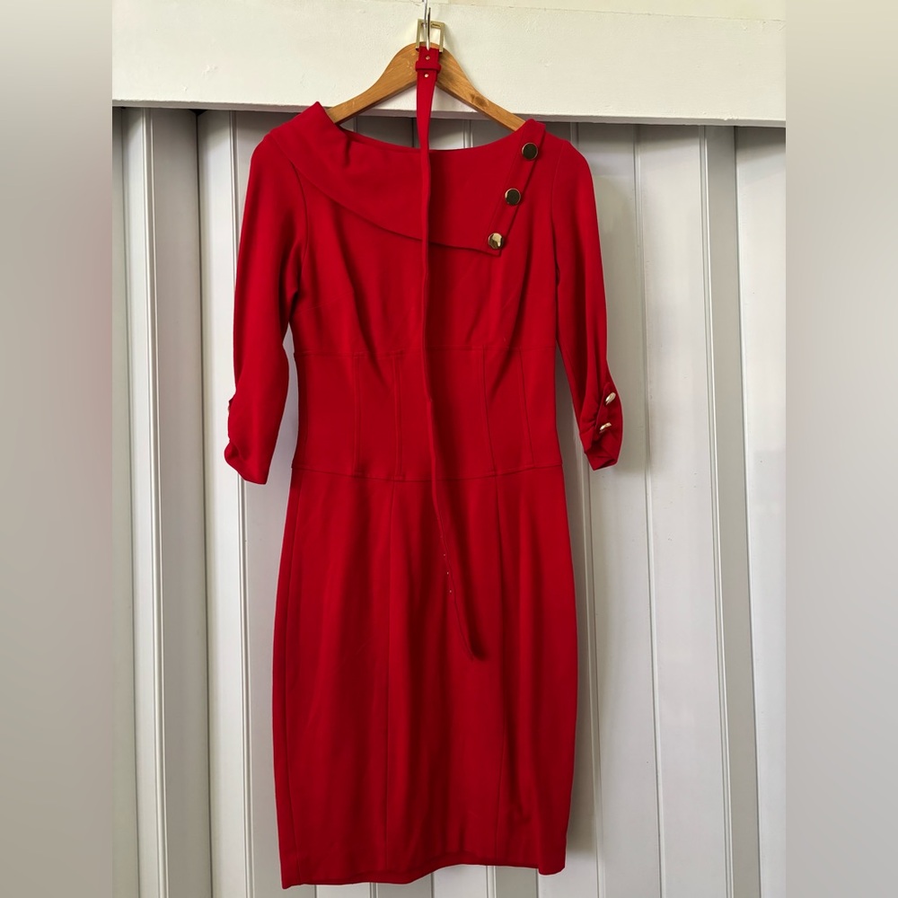 Ann Taylor Red Pleated Sheath Dress Cowl Neck
